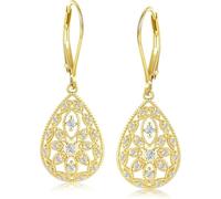 JQQJZLC Hypoallergenic Silver Teardrop Dangle Earrings for Women - Cubic Zirconia Filigree Leverback Jewelry, Elegant Drop Earrings for Daily/Wedding/Gifts (Mother’s Day & Valentine’s)