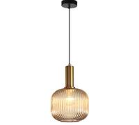 JQQJZLC Ribbed Glass Lampshade Pendant Light, Modern Retro Ceiling Hanging Lamp in Brass Finish, Kitchen Dining Room Bedroom 1-Light Chandelier (20cm, Green) Made in China Produced in China