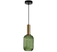 JQQJZLC Ribbed Glass Lampshade Pendant Light, Modern Retro Ceiling Hanging Lamp in Brass Finish, Kitchen Dining Room Bedroom 1-Light Chandelier (20cm, Green) Made in China Produced in China