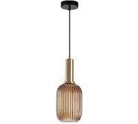 JQQJZLC Ribbed Glass Lampshade Pendant Light, Modern Retro Ceiling Hanging Lamp in Brass Finish, Kitchen Dining Room Bedroom 1-Light Chandelier (20cm, Green) Made in China Produced in China