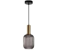 JQQJZLC Ribbed Glass Lampshade Pendant Light, Modern Retro Ceiling Hanging Lamp in Brass Finish, Kitchen Dining Room Bedroom 1-Light Chandelier (20cm, Green) Made in China Produced in China