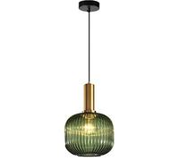 JQQJZLC Ribbed Glass Lampshade Pendant Light, Modern Retro Ceiling Hanging Lamp in Brass Finish, Kitchen Dining Room Bedroom 1-Light Chandelier (20cm, Green) Made in China Produced in China