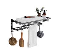 JQQJZLC Towel Holder Folding 2 Tiers Towel Rack Space Aluminum Bathroom Storage Holder Wall Hanger Towel Shelf with 9 Hooks Towel Stand Towel Rack/Black/60Cm