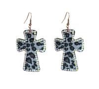 JQQJZLC Vintage Leather Cross Dangle Earrings for Women Girls Leopard Print AB Crystal Statement Drop Dangling Hook Stud Earring Boho Lightweight Exaggerated Jewelry (Black)