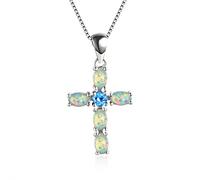 JQQJZLC white green orange opal cross pendant birthstone necklaces for women 925 chain red blue zircon necklace Made in China