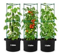 JQTOP 3 Pack Tomato Grow Bags with Adjustable Support Cages, 5 Gallon Felt Plant Pots with Trellis for Tomatoes Cucumbers Beans Peas, Patio Balcony Garden Planters (160cm)