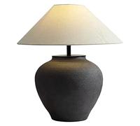 JQUAL Rustic Black Table Lamp 20.86" Tall Farmhouse Handmade Ceramic Bedside Lamp with Off White Drum Shade for Living Room Bedroom Anniversary