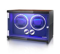 JQUEEN Watch Winder for Automatic Watches, Walnut Paint LED Double Watch Winder with Quiet Japanese Motor, Open The Cover and Stop, 5 Working Modes, Walnut-2+0, modern