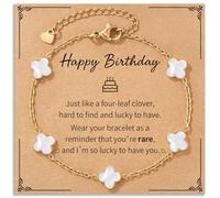 JQVLOVE Clover Bracelets Birthday Gift for Women, Gold Plated White Four Leaf Clover Lucky Flower Charm Jewelry for Best Friend, Sister, Girlfriend or Bestie, One Size, Stainless Steel, No Gemstone