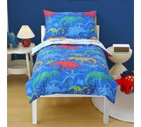 JQWUPUP Blue Colourful Dinosaurs Cot Bed Duvet Cover Set 120 x 150cm for Boys, Reversible Cute Microfibre Toddler Bedding Set with Zipper