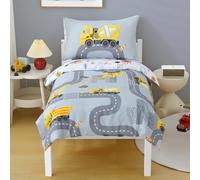 JQWUPUP Grey Construction Vehicles Single Duvet Cover Set for Boys, Reversible Engineering Cars Highway Microfibre Bedding Set with Zipper