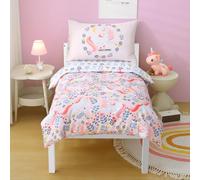 JQWUPUP Pink Unicorns Flower Cot Bed Duvet Cover Set 120 x 150cm for Girls, Reversible Princes Microfibre Toddler Bedding Set with Zipper