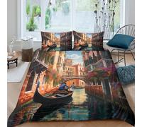 JQZXKNHPRS 3D Design Cosy Microfibre Venice Canal Quilt Cover Sets Soft Bedding Set with Pillow Cases Italian Romantic Bedding Quilt Cover All Season Machine Washable for Home Decor King（220x240cm）