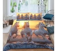 JQZXKNHPRS 3D Print Soft Microfibre White horses galloping Quilt Cover Sets Skin Friendly Bedding Set with Pillow Cases Wild nature scene Bed Quilt Cover All Season for Couples Double（200x200cm）