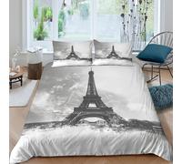 JQZXKNHPRS 3D Printed Cosy Microfiber Eiffel Tower Quilt Cover All Season Bedding Sets with Matching Pillowcase Paris Landmark Black Duvet Cover All Season for Bedroom Decoration King（220x240cm）