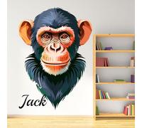 JR Decal Personalised Chimpanzee Head Wall Sticker with Custom Name - Cute Ape Animal Wall Decal for Nursery, Kids Bedroom, Playroom - Removable Vinyl Art (45 cm Wide X 70 cm high)