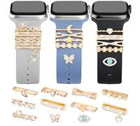 JR.DM 11-Pcs Super Bling Watch Charms with 9-Pcs Decorative Rings Loops 2-Pcs Decoration, Compatible with Apple Watch Strap Metal Diamond Sliding Accessories for iWatch Series 9 8 7 6 5 4 3 2 1