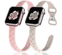 JR.DM 2 Pack Engraved Silicone-Straps Women Compatible with Apple Watch 38mm 40mm 41mm 42mm 44mm 45mm 46mm 49mm Slim Feminine Fashion Leaf Waterproof Band for iWatch Series 10 9 8 7 6 5 4 3 2 1 Ultra