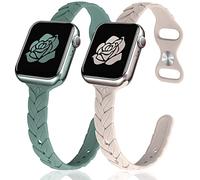 JR.DM 2 Pack Engraved Silicone-Straps Women Compatible with Apple Watch 38mm 40mm 41mm 42mm 44mm 45mm 46mm 49mm Slim Feminine Fashion Leaf Waterproof Band for iWatch Series 10 9 8 7 6 5 4 3 2 1 Ultra