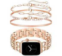 JR.DM Gold Watch Strap and 3 Piece Bracelet Set for Women Compatible with Apple Watch 38/40/41/42/44/45/46/49mm, Elegant Metal Bracelet Jewelry Chain Bracelet for iWatch Series 1/2/3/4/5/6, 38mm/40mm