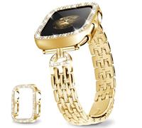 JR.DM Slim Bracelet with Bling Case Compatible with Apple Watch Bands 40mm + Cover for women, Dressy D-Shaped Stainless Steel Replacement Strap for iwatch Series 9/8/7/6/5/4/3/2/1/SE Gold
