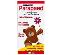 Jr Parapead Children Paracetamol Oral Suspension, 100ml | Cherry Flavour, Sugar & Colour Free| Painkiller for Fever, Baby Teething Pain, Muscle Pain, Headache, Sore Throat, Cold, Flu| Babies, Kids 2M+