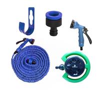JR QualityProduct 50ft Garden Hose Bundle, 7-Function Spray Gun, 7-Pattern Sprinkler, Wall Bracket, Blue