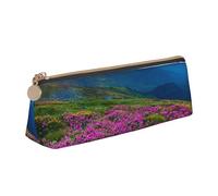 JRBWTDBW Nature Purple Flowers Meadow Mountain Scenic Leather Pencil Case Slim Design Pen Bag with Metallic Zipper Pocket Size for Or Student Office College Middle School Pen Pouch