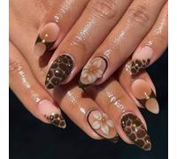 Jremg 3D Flowers Press on Nails Medium Almond Fake Nail with Gold Pearls Designs Brown Leopard Print False Nails Glossy Lily Floral Glue on Nails Reusable Acrylic Stick on Nails for Women 24Pcs
