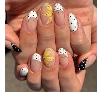 Jremg Black White Polka Dot Press on Nails Almond Medium Fake Nails with Gold Bead Designs Cute Yellow Flowers Glue on Nails Reusable Glossy Black White French Tip False Nails for Women 24Pcs