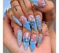 Jremg Blue French Tip Press on Nails Long Stiletto Fake Nails with Rhinestones Designs Reusable Cute 3D Blue Gradient Flowers False Nails for Women Daily Wear 24Pcs