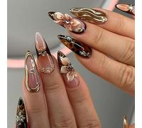 Jremg Brown Press on Nails Long Almond Fake Nails with Rhinestones Designs 3D Gold Texture False Nails Glossy Embossed Pearl Flowers Glue on Nails Reusable Stick on Nails for Women Nail Art 24Pcs