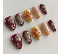 Jremg Fall Press on Nails Short Almond Fake Nails with 3D Floral Gold Beads Designs Glossy French Tip False Nails Reusable Cute Autumn Flowers Acrylic Glue on Nails for Women 24Pcs