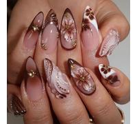 Jremg French Tips Press on Nails Medium Almond Fake Nails with Gold Bead Designs 3D Flowers Water Ripple Glue on Nails Glossy Brown Floral False Nails Reusable Brown Acrylic Nails for Women 24Pcs