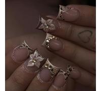 Jremg Leopard Print French Tip Press on Nails Short Square Fake Nails with Rhinestones Designs Cute 3D Flowers Glue on Nails Glossy Brown French False Nails Reusable Acrylic Nails for Women 24Pcs