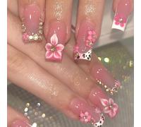 Jremg Pink White French Tip Press on Nails Medium Square Fake Nails with Rhinestones Designs Cute 3D Pink Flowers False Nails Glossy Leopard Print Glue on Nails Reusable Acrylic Nails for Women 24Pcs