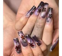 Jremg Purple Gradient Press on Nails Medium Square Fake Nails with Glitter Designs Goth Dark Flowers Coffin False Nails Glossy Ombre Full Cover Glue on Nails Reusable Acrylic Nails for Women 24Pcs