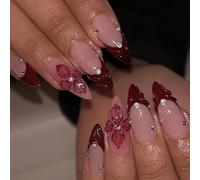 Jremg Red French Tip Press on Nails Medium Almond Fake Nails with Rhinestones Designs Glossy Flowers Glue on Nails Burgundy Burgundy French False Nails Reusable Fall Stick on Nails for Women 24Pcs
