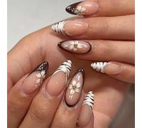 Jremg Zebra Print Press on Nails Medium Almond Fake Nails with Gold Bead Designs Fall Brown French Glue on Nails Cute White Flowers False Nails Reusable Autumn Acrylic Stick on Nails for women 24Pcs