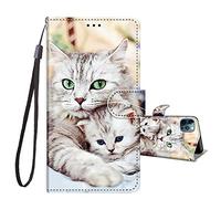 JRIANY for iPhone 12/12 Pro Case, PU Leather Wallet Case with Cute Pattern [Card Holder] [Kickstand], iPhone 12 Pro Flip Case, Shockproof Cover Compatible with Apple iPhone 12/12 Pro, Cats D