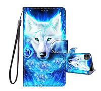 JRIANY iPhone 12/12 Pro Case, PU Leather Wallet Case with Cute Animal Pattern [Card Holder, Kickstand], Shockproof Flip Cover Compatible with Apple iPhone 12/12 Pro, Wolf A