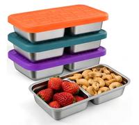 Jrisbo Stainless Steel Snack Containers, 3 Pack Dual Compartment Food Storage Box with Leakproof Lids, 20.5x11x4.2 cm, 1.9 Cups Total Capacity for Travel, Camping, Lunch (Orange,Gray,Green)