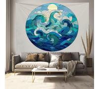 JRISEMECY 3D Printed Ukiyo-E Waves Tapestry, Minimalist Landscape Poster Tapestries Wall Hanging, Blue-Green Animals Aesthetic Tapestries Backdrop For Bedroom Living Room Dorm Office Wall Art Decor