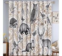 JRISEMECY Beige Blackout Curtains For Living Room 2 Panel Set, Hand-Drawn Forest Animals Premium Eyelet Curtains For Bedroom, Retro Owl Deer Black Out Window Curtain Drapes Curtain 54 Drop