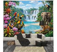 JRISEMECY Blue Tapestry 3D Tropical Rainforest Animals Wall Hangings | Waterfall Parrot Landscape Beach Throw Blanket, Tapestries Wall Decor For Bedspread Yoga Meditation Mat Rugs 230X150Cm