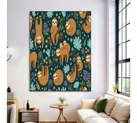 JRISEMECY Cartoon Sloth Forest Unframed Canvas Wall Art Cute Animal Theme Painting Canvas Prints Poster Dark Green Pictures For Living Room Bedroom Home Office Hallway Corridor Wall Decor 30X40Cm