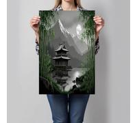 JRISEMECY Chinese Bamboo Architecture Wall Art Lake Landscape Canvas Posters Wall Decor Prints Black White Art Modern Pictures Painting Artwork Decoration For Bedroom Bathroom 28X39 Inch Unframed