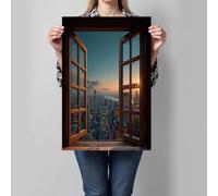 JRISEMECY City Sunset Window View Wall Art Print, New York Skyline Modern Artwork, Brown Unframed Canvas Poster Print, Art Pictures For Home Walls, Bedroom, Living Room Decor 60X80Cm (24X35In)