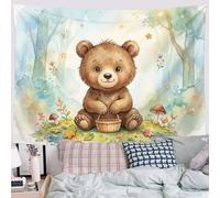 JRISEMECY Cute Forest Bear Polyester Photography Backdrop Tapestries | Fairy Tale Watercolor Animals Background Decorative Tapestry And Blue Wall Hanging Art For Party Porch Home Decor 60"X50"
