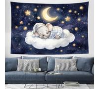 JRISEMECY Cute Pajama Elephant Tapestry Watercolor Moon Starry Sky Tapestries Wall Hanging | Dark Blue Aesthetic Poster Backdrop For Yoga Meditation Living Room Bedroom Garden Wall Decor, 80"X60"